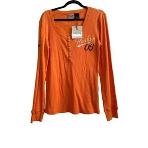 Harley Davidson NWT Burnt Orange Long Sleeve Thermal Top with Pearl Snaps